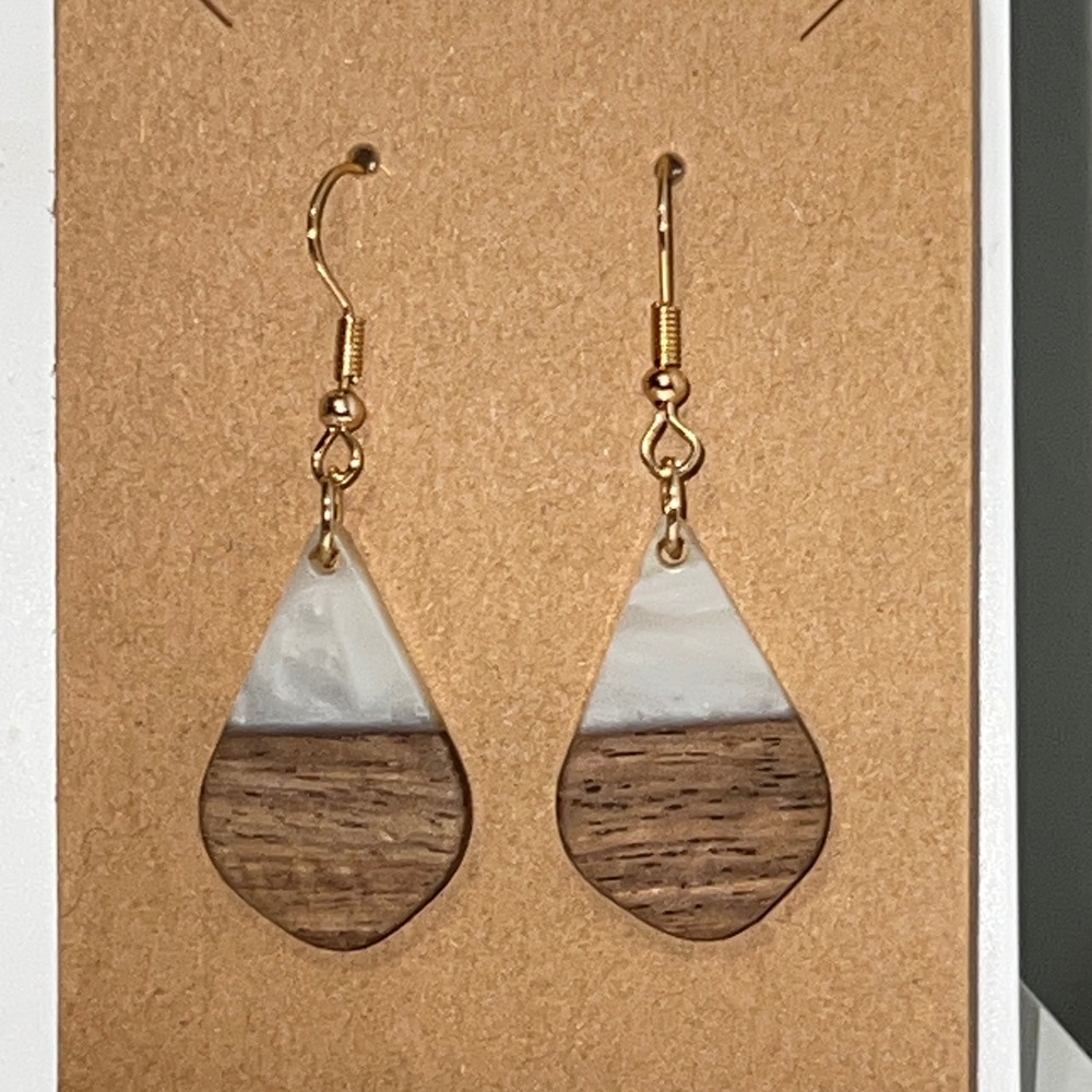 Teardrop Wood‎ Resin Dangle Earrings Natural Grain Gold Tone Hooks Women